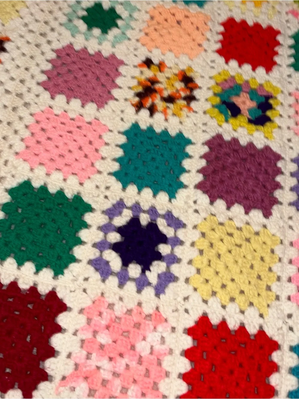 Handmade Multicolor Crochet Granny Square Blanket - White Border